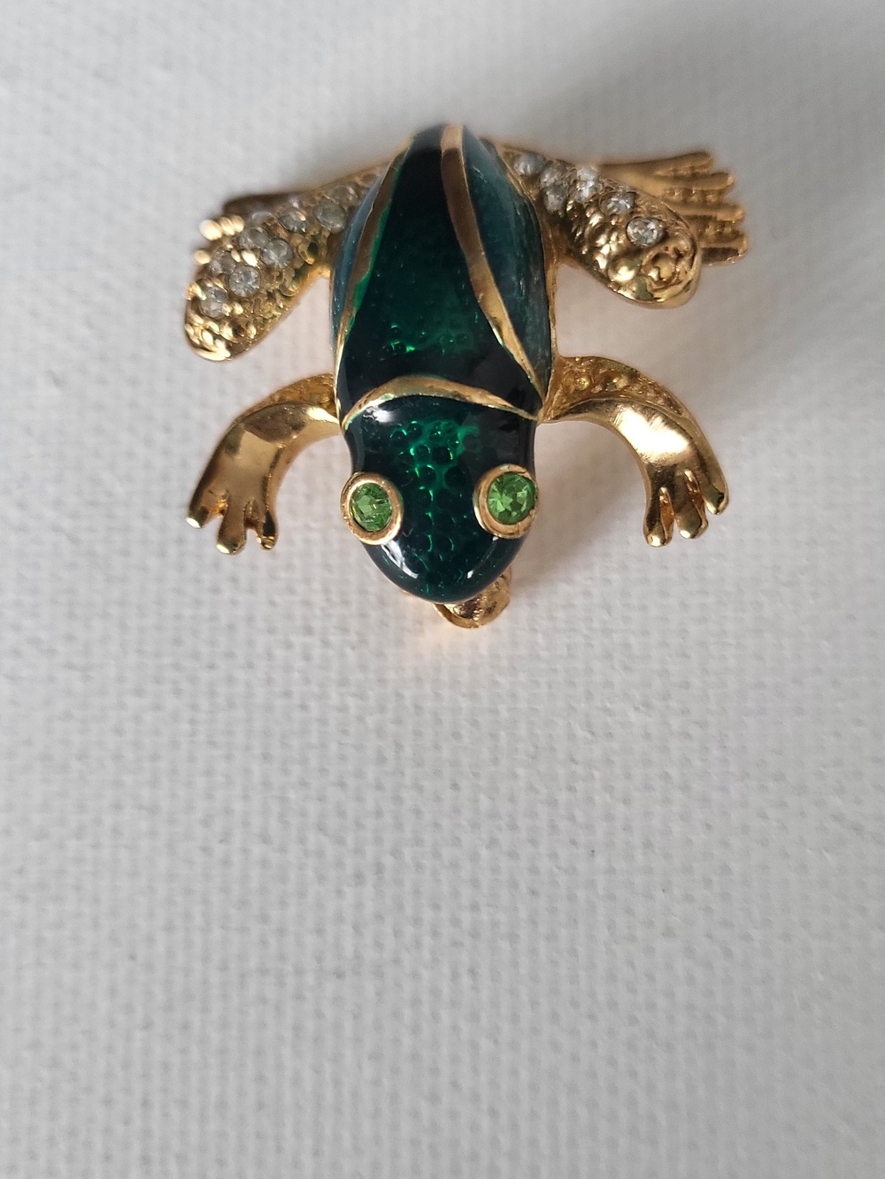 Vintage ROMA Gold-Tone Green Frog Pin Brooch with Crystal Accents